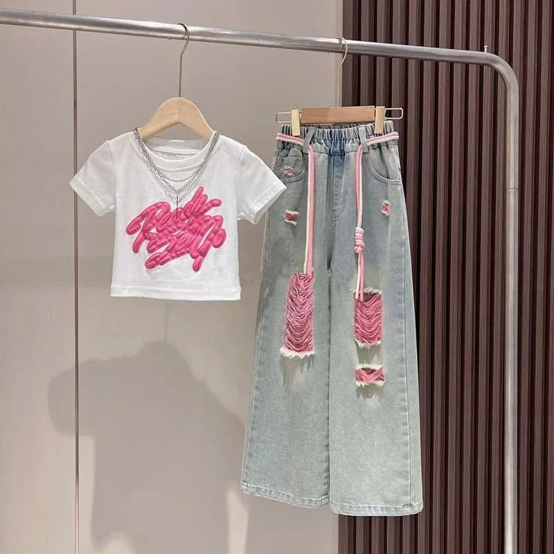 Girls Summer New Short-Sleeved T-Shirt Jeans Big Boy Colorful Denim Ripped Pants Suit Children's Top Foreign Wide-Legged Pants - M & M Global