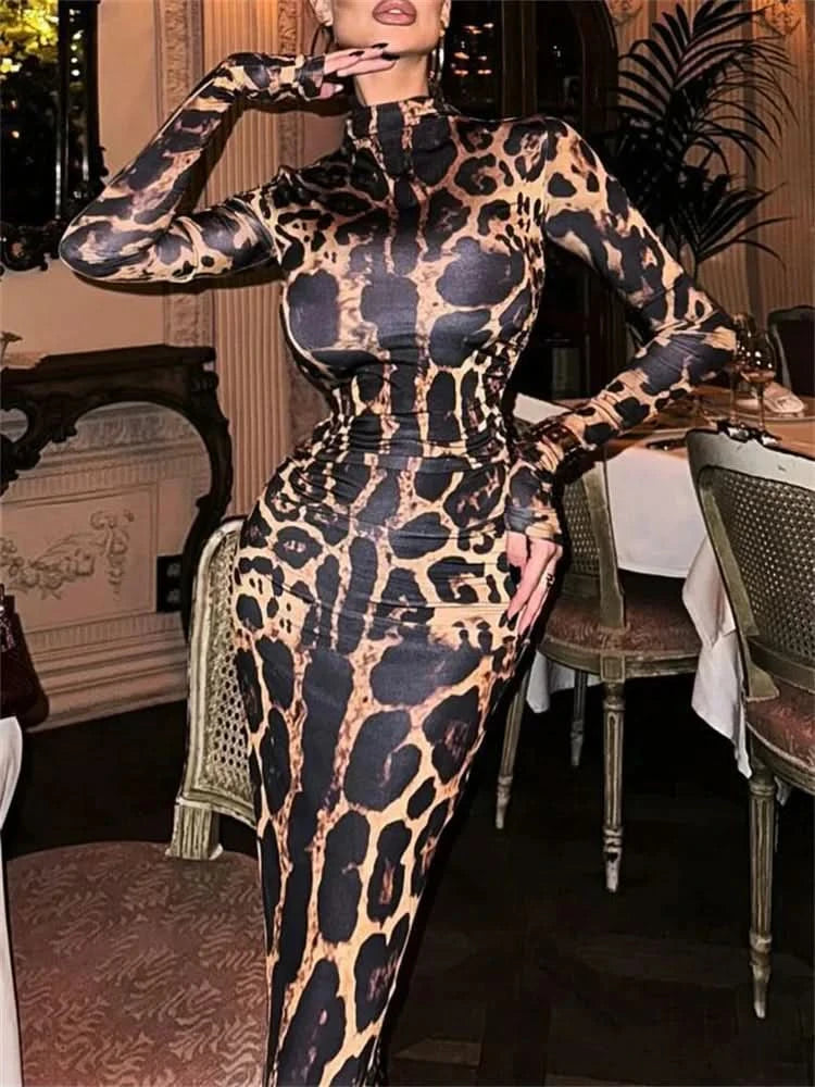 Print Leopard Print Slim Long Dress Women's Fashion Long Sleeve Sexy Party Dress Summer Street Leopard Print Long Dress 2024 New - M & M Global