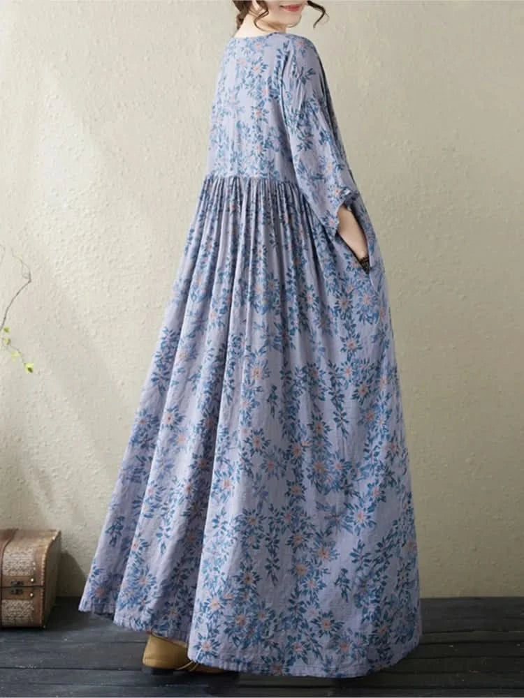 Oversized Summer Long Dress Women Floral Print Fashion Short Sleeve Ladies Dresses Casual Loose Ruffle Pleated Woman New Dress - M & M Global