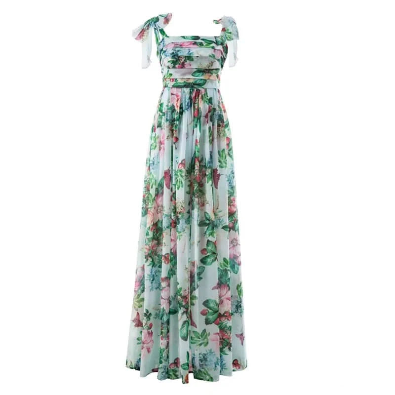 Sexy Summer Party Dress Women Fashion Bow Straps High Waist Pleated Beach Dress Chiffon Casual Floral Print Bohemian Long Dress - M & M Global