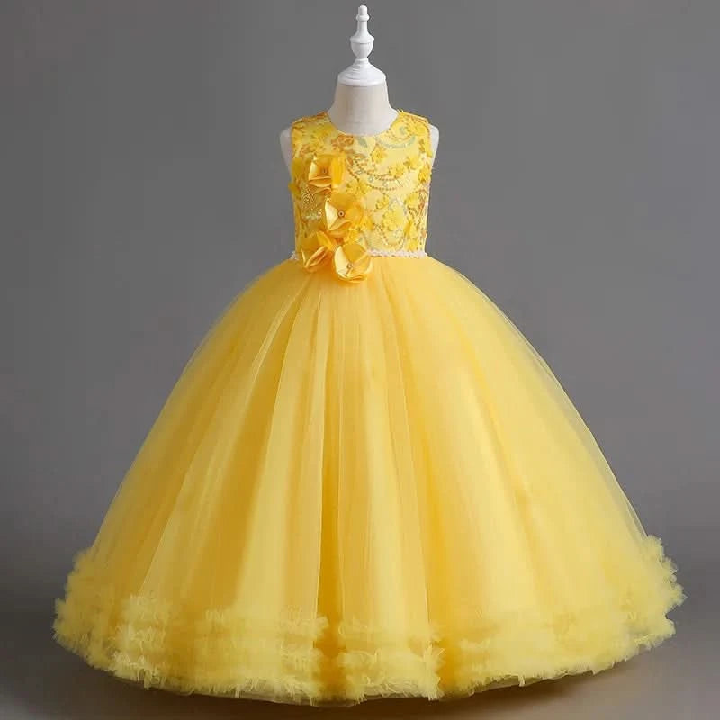 Girls' Sequin Pearl Princess Dress 5-14 Years Old Flower Decal Sleeveless Temperament Long Dress Halloween Banquet Fashion Dress - M & M Global