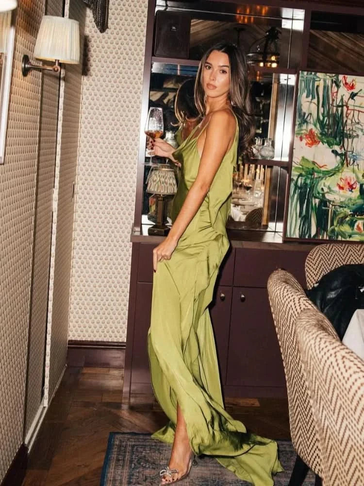 Elegant Green Satin Ruffles Sling Long Dress Women Sexy Backless Sleeveless Split Slim Dresses Lady 2025 New Party Club Vestidos - M & M Global
