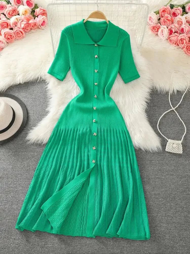 Summer 2024 New Women's Black Beige Single Breasted Knitted Long Dress Green Elegant Office Lady Short Sleeve Pleated Dress Chic - M & M Global