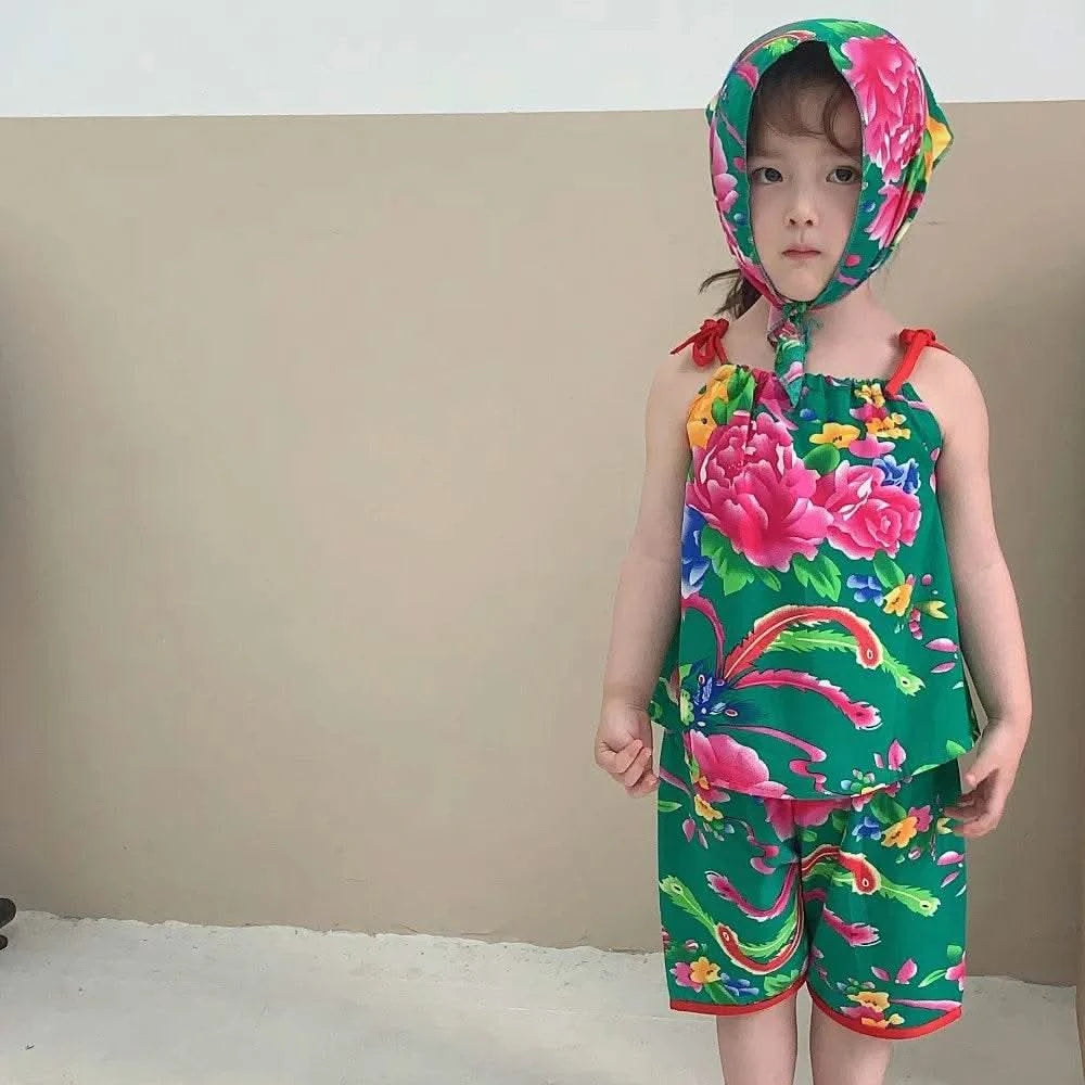 Bear Leader Summer Fashion New Baby Girl Clothes Flower Print Suspender Top+Shorts 2-piece Set Ethnic Style Children's Clothing - M & M Global