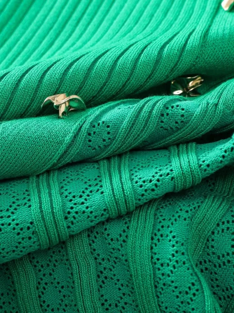 Summer 2024 New Women's Black Beige Single Breasted Knitted Long Dress Green Elegant Office Lady Short Sleeve Pleated Dress Chic - M & M Global