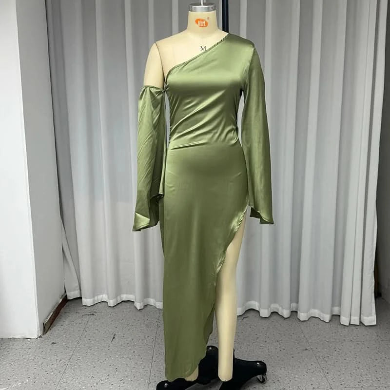 Ellafads Women Long Dress Autumn Fashion Solid Long Sleeve One Shoulder Off Shoulder Irregular Slit Satin Midi Dress Streetwear - M & M Global