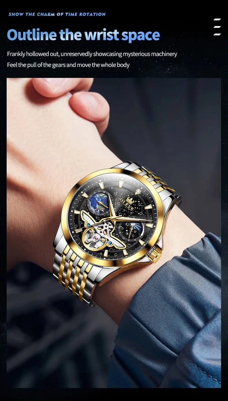 OLEVS Luxury Brand Men's Watches Luminous Waterproof Fully Automatic Mechanical Watch Starry Sky Dial Moon Phase Hollow Out - M & M Global
