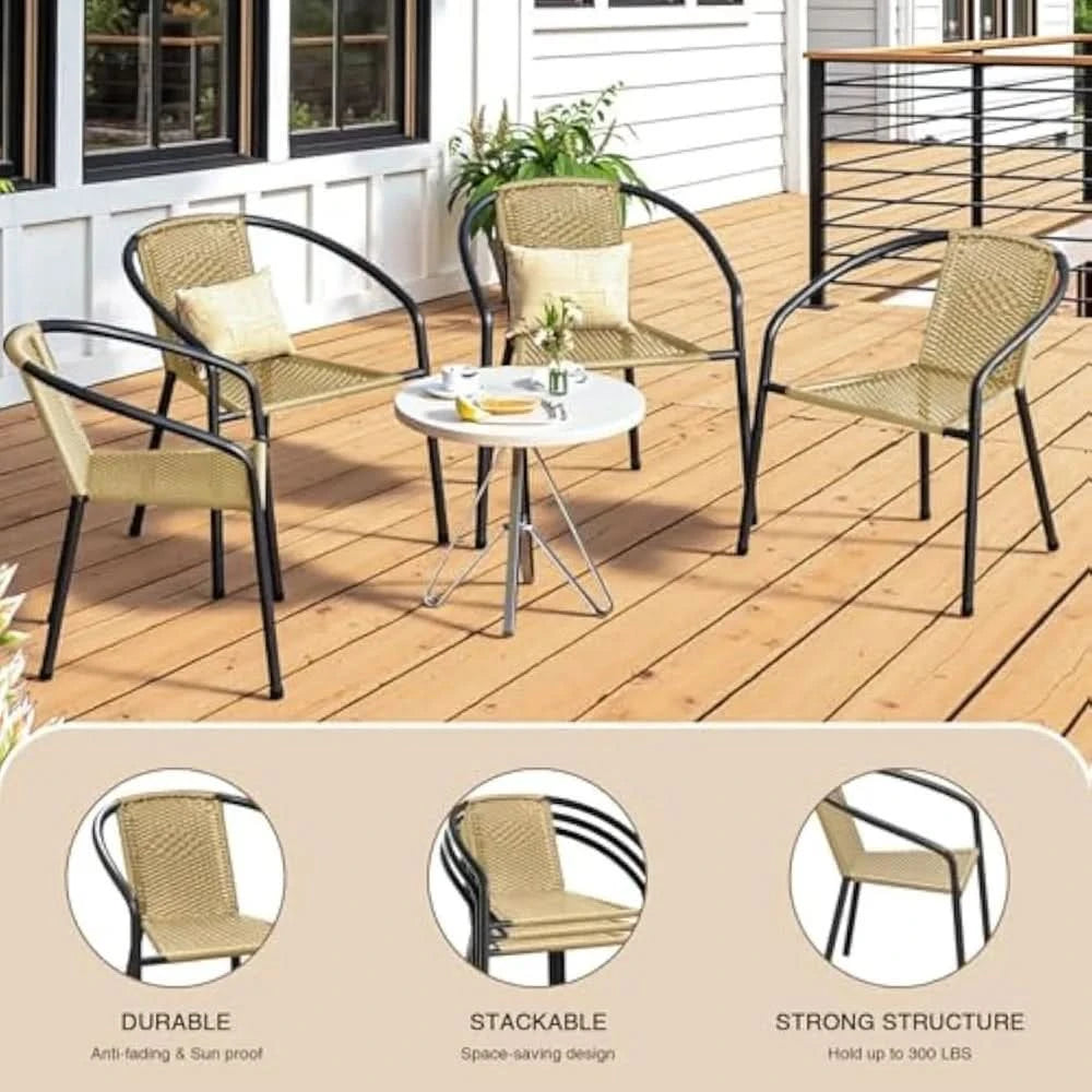 4 Pack Patio Stackable Rattan Chairs, Indoor-Outdoor Restaurant Wicker Dining All-Weather Armchair Stack Chair (Beige)