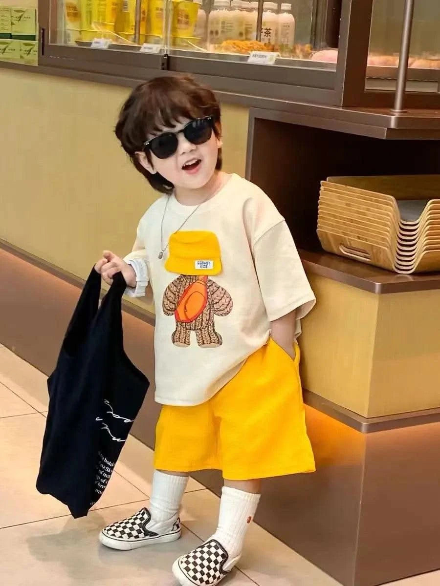 Boys and Girls Summer Set New Children's Cartoon Short Sleeve Cotton T-shirt Shorts 2-Piece Set for Boys' Loose Casual Set - M & M Global