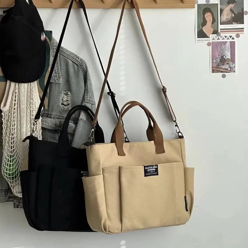 Urban Minimalist Female Student Large Capacity Commuting Horizontal Canvas Single Shoulder Diagonal Cross Portable Tote Bag - M & M Global