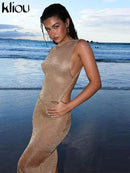 kliou Shiny Long Dress Stunning Women Solid Summer Thin Mesh Sheer Backless Sleeveless Bodycon Female Elegant Fashion Vestidos - M & M Global