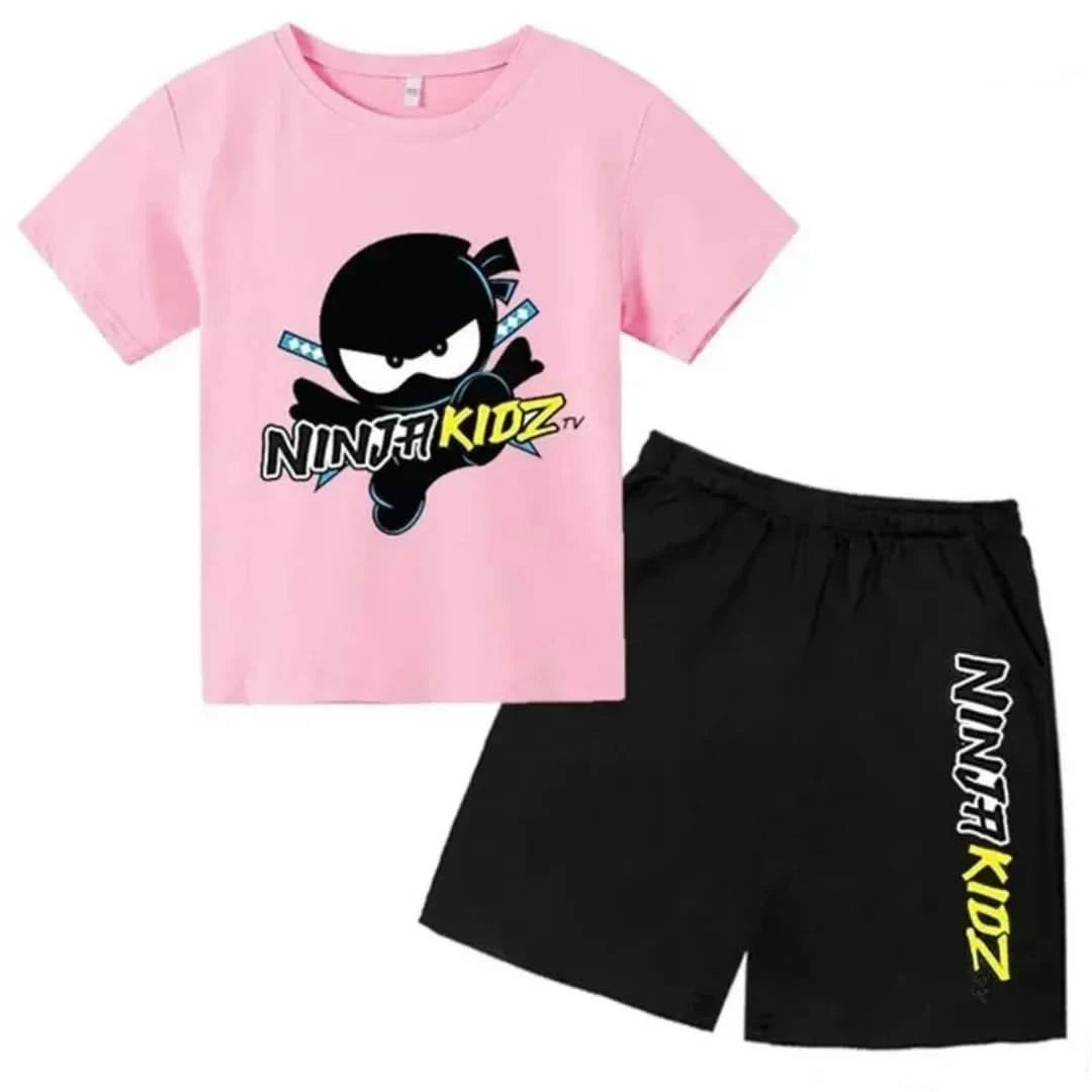 2025 Summer Short sleeved Round neck T-shirt+Shorts Set Ninja Children's Printed Boys and Girls' Cotton Breathable Children's Ca - M & M Global