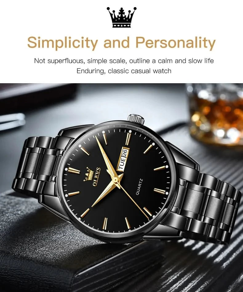 OLEVS Men Watches Waterproof Stainless Steel Quartz Male Wristwatch Gold Watch Fashion Luminous Luxury Calendar Business Clock - M & M Global