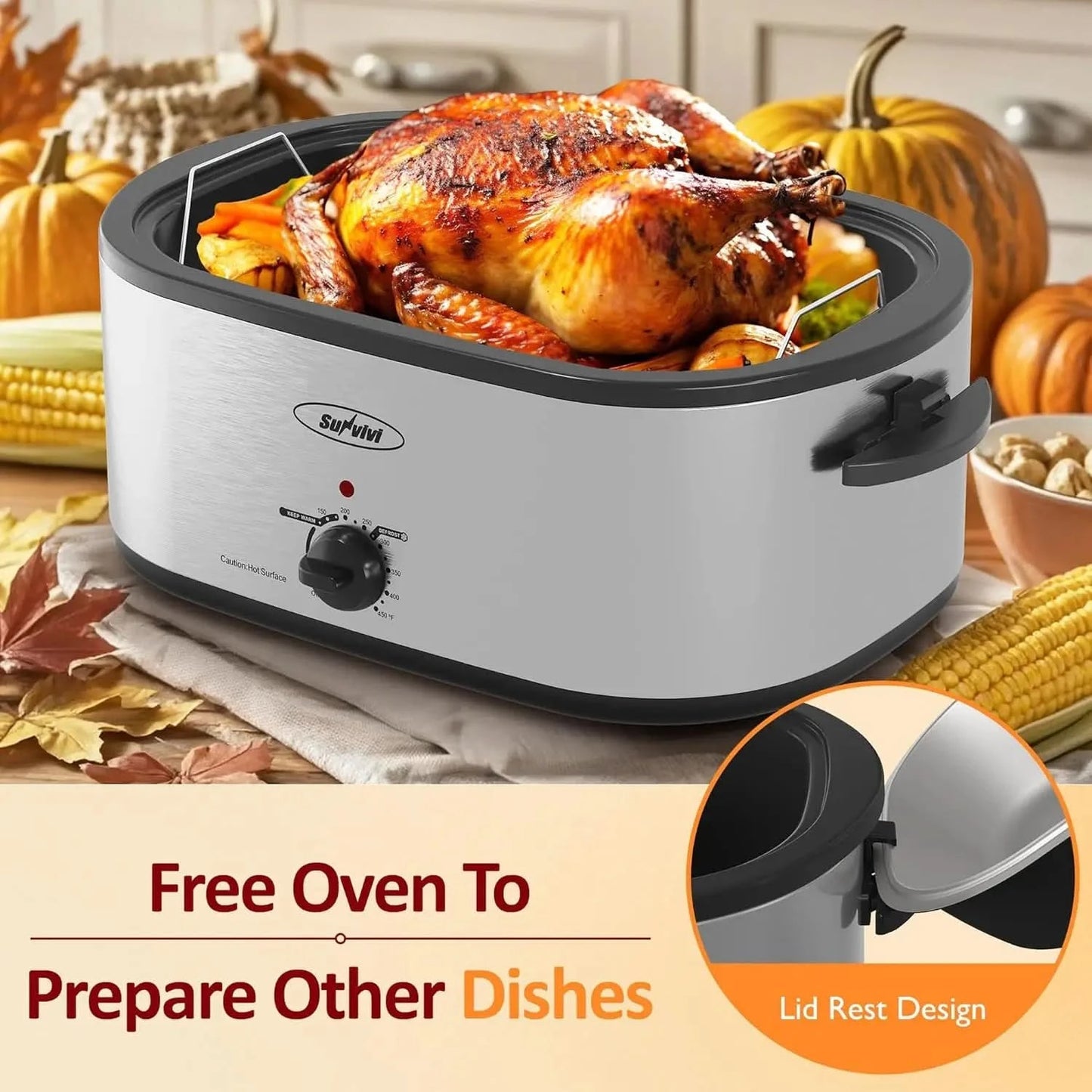 Electric Roaster,28 Quart Roasting Oven with Self-Basting Lid Removable Pan,Turkey Roaster Oven with 150 to 450F Temperature Con - M & M Global