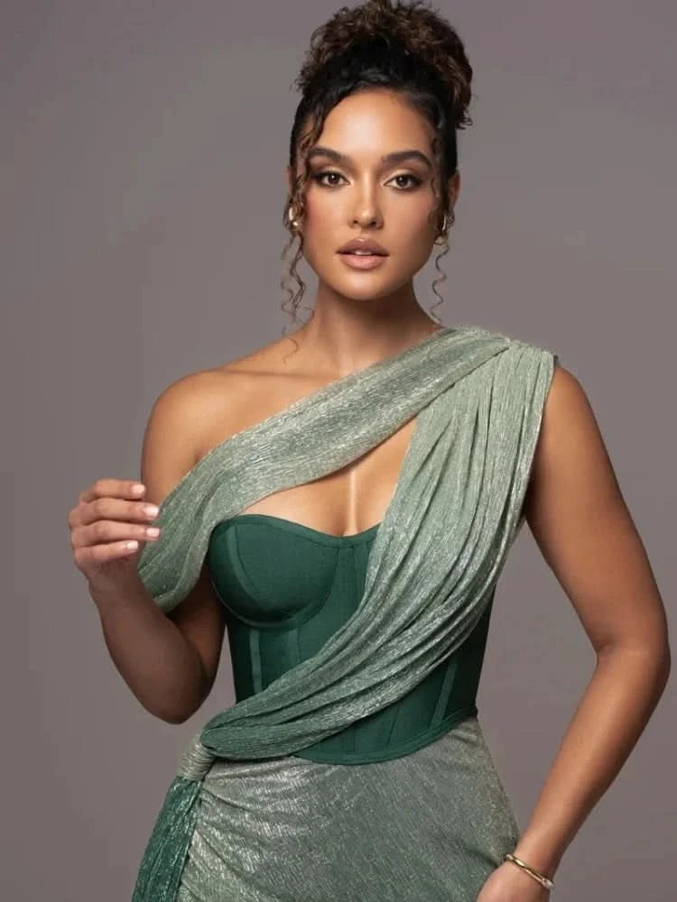 Sexy One Shoulder Draped Glitter Long Dress Women Brown Corset Sparkly Backless Bodycon Maxi Dresses Evening Party Gowns - M & M Global