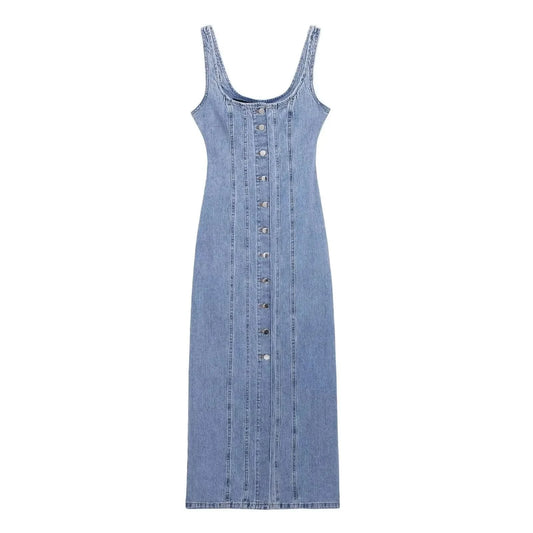 TRAFSHE Summer Ladies Zipper Denim Dress Women Elegant Spaghetti Strap Sexy O-Neck Vintage Casual Female Sling Mid-Long Dress ﻿ - M & M Global