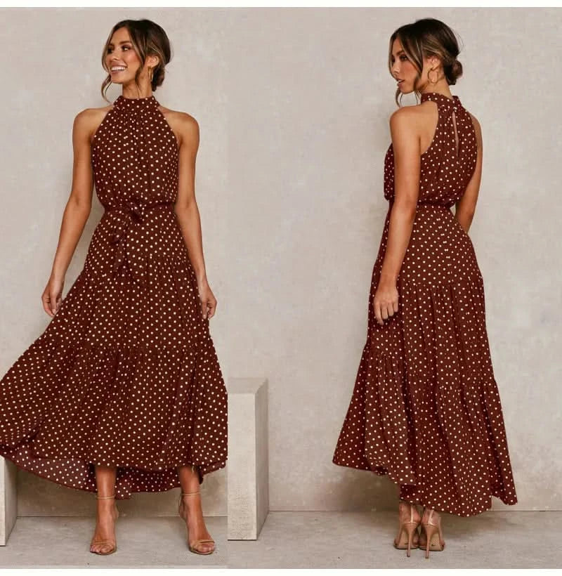 Summer Floral Print Halter Neck Dresses For Women Sleeveless Leace-up Long Dress Casual Beach Holiday Vestidos Female Clothing - M & M Global