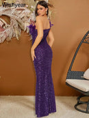 New Luxury Sequined Feather One Shoulder Sleeveless Slanted Collar Backless Purple Long Dress  Women Birthday Party Event Gowns - M & M Global