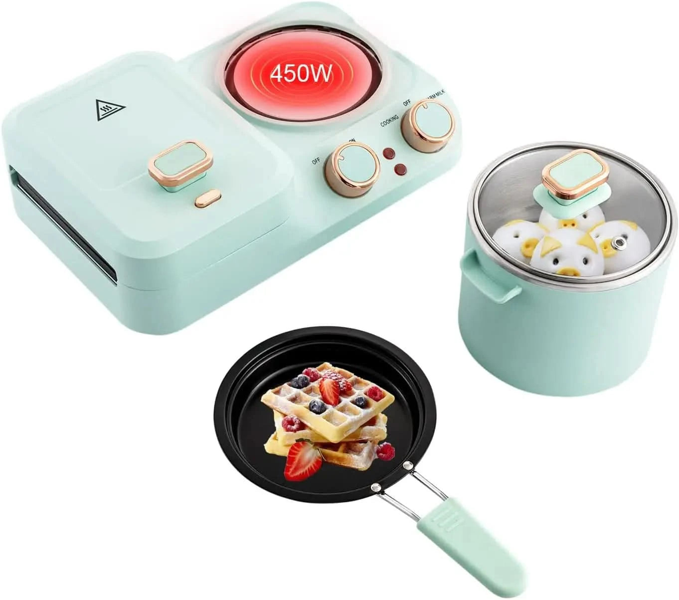 Breakfast Sandwich Maker w/Boiling Pot, 3 in 1 Breakfast Station, Retro Household Electric Mini Toaster Bread Sandwich Maker wit - M & M Global