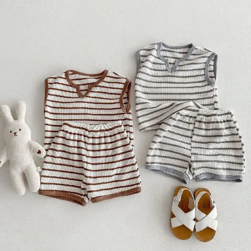 Summer baby clothes 0-5T solid color boys striped sleeveless T-shirt shorts set breathable girls vest short sleeved shorts set - M & M Global
