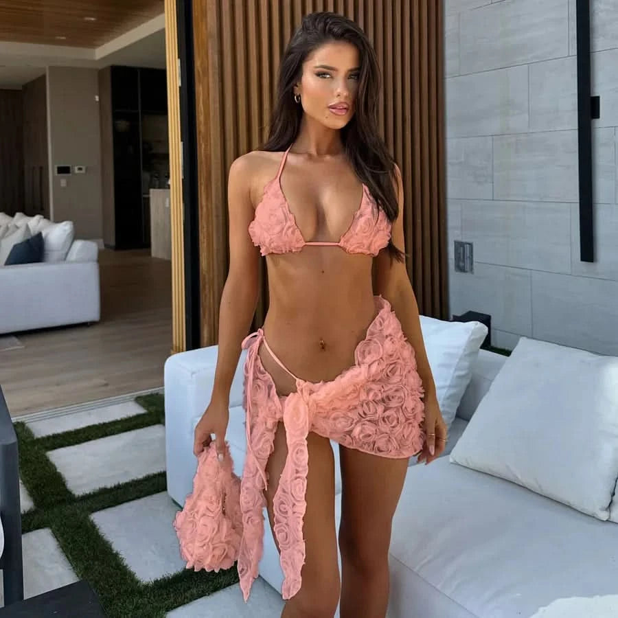 Women's Sexy 3 Piece Bikini Set 3D Flower Beach Skirt Swimsuit Pure Pink Triangle Halter Backless Thong Swimwear 2025 Summer New - M & M Global
