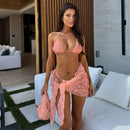 Women's Sexy 3 Piece Bikini Set 3D Flower Beach Skirt Swimsuit Pure Pink Triangle Halter Backless Thong Swimwear 2025 Summer New - M & M Global