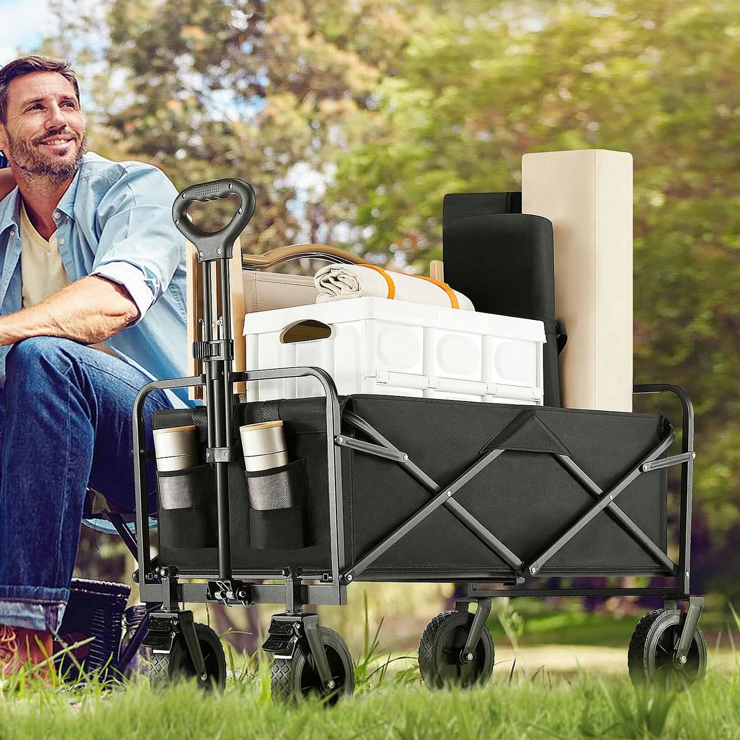 JHK Outdoor Collapsible Foldable Garden Beach Cart Large Capacity Wagon Cart Utility Grocery Wagon for Shopping Sports Camping