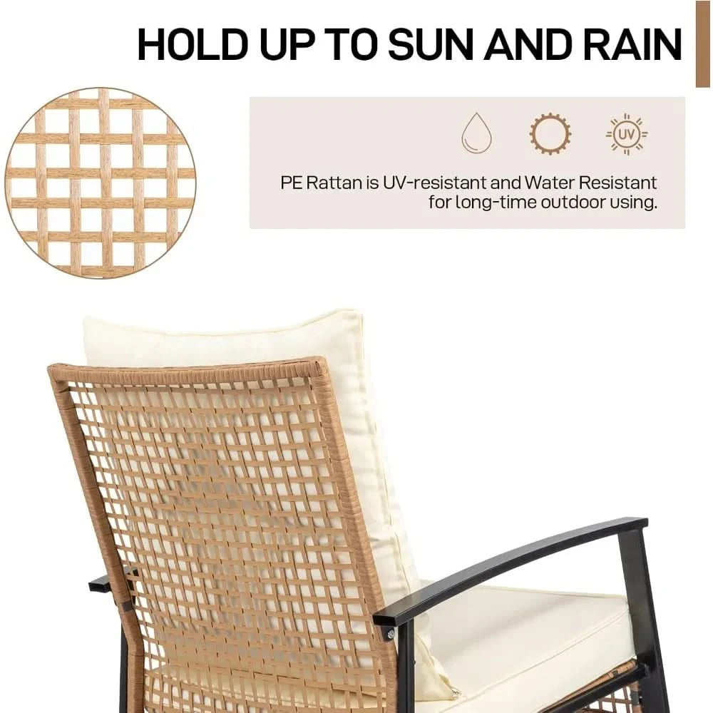 3-Piece Outdoor Rocking Bistro Set, Patio Furniture Set w/Soft Thick Cushions & 2-Tier Coffee Table, Rattan Conversation