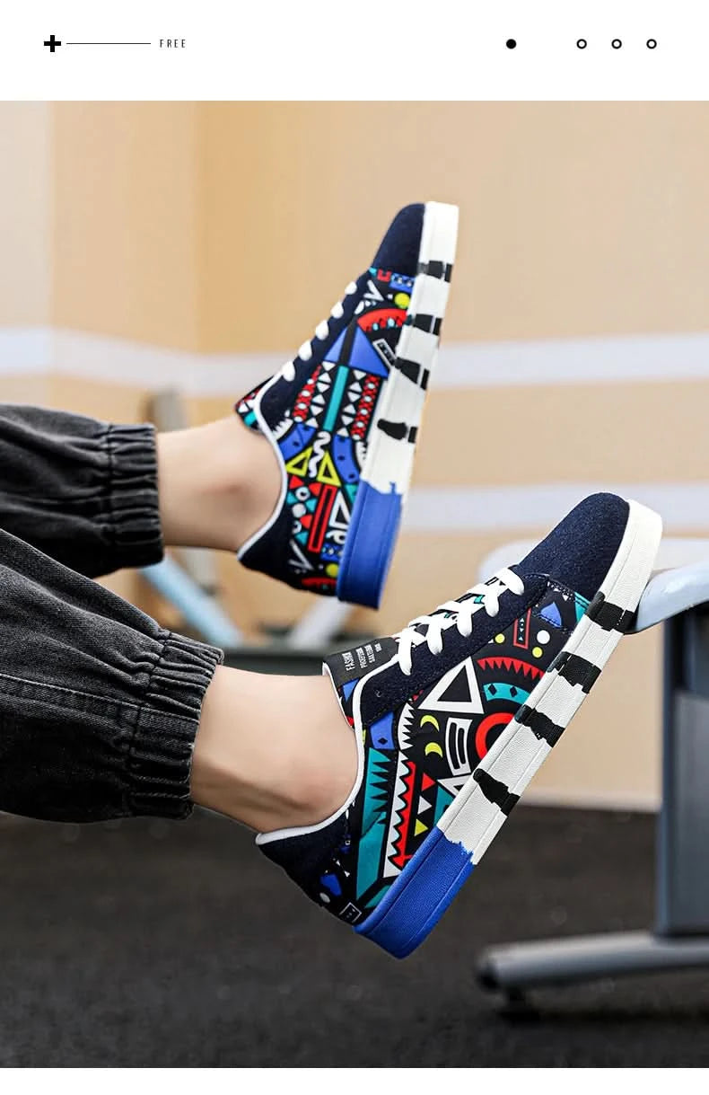 YRZL Men's Sports Running Shoes Canvas Geometric Style Lace-Up Sneakers Couples' Fashionable Graffiti Print Skate Shoes Men - M & M Global