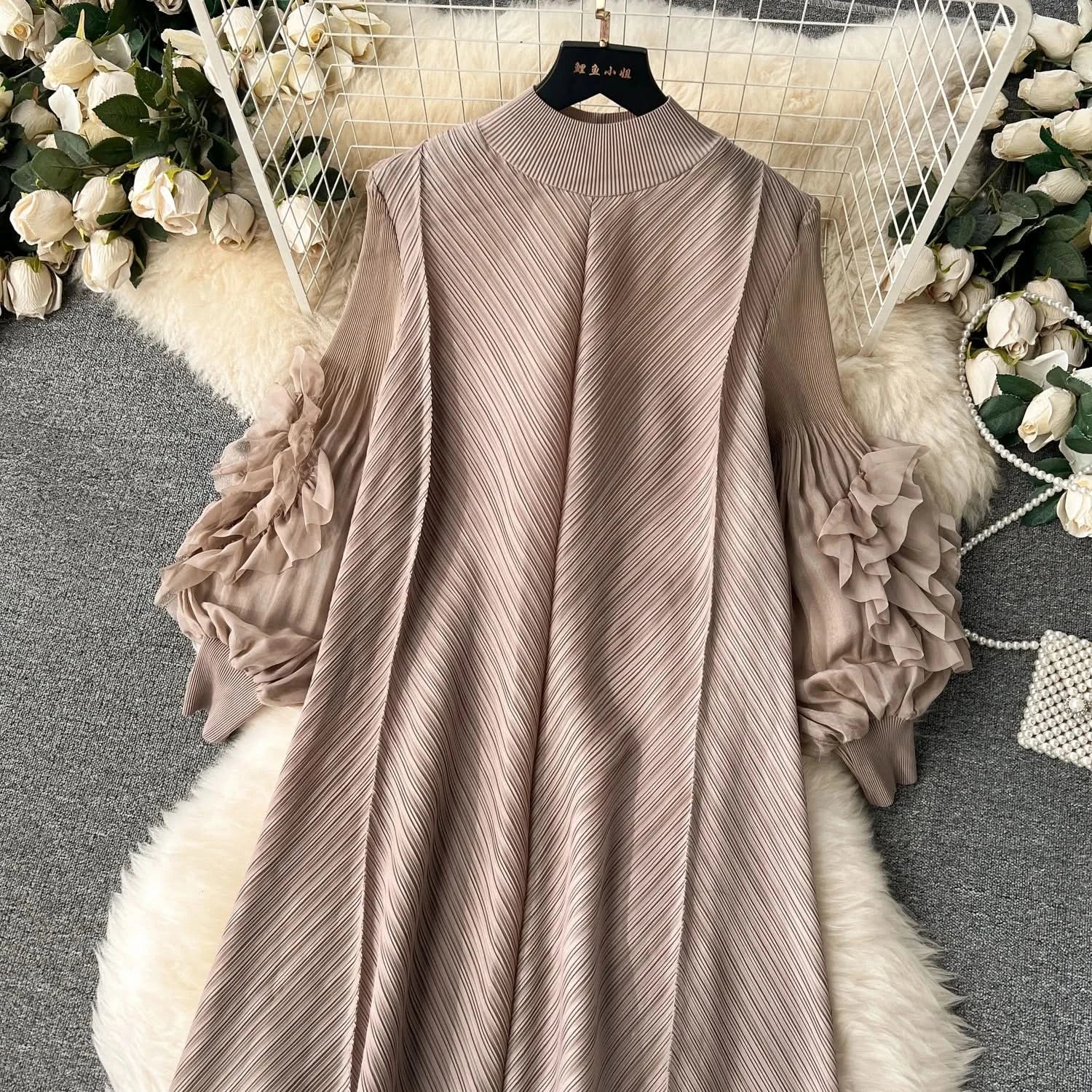 Sweet Pleated Vintage Three-dimensional Flower Loose Long Dress Chic Evening Korean Fashion Fashion Women Summer Dresses - M & M Global