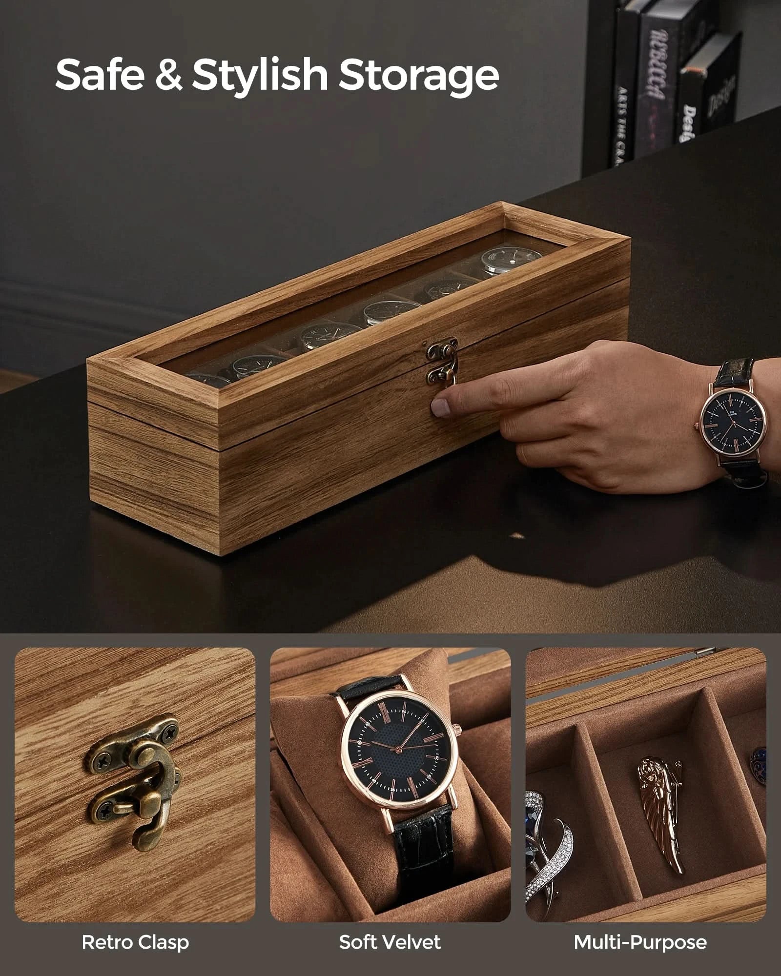 SONGMICS Watch Box, 6-Slot Watch Case, Solid Wood Watch Box Organizer with Glass Lid, Watch Display Case with Removable Pillows - M & M Global