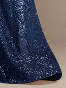 Luxury Blue Floor Length V-Neck Evening Dresses Women Elegant Wedding Party Maxi Sequins Short Sleeves Prom Cocktail Gowns