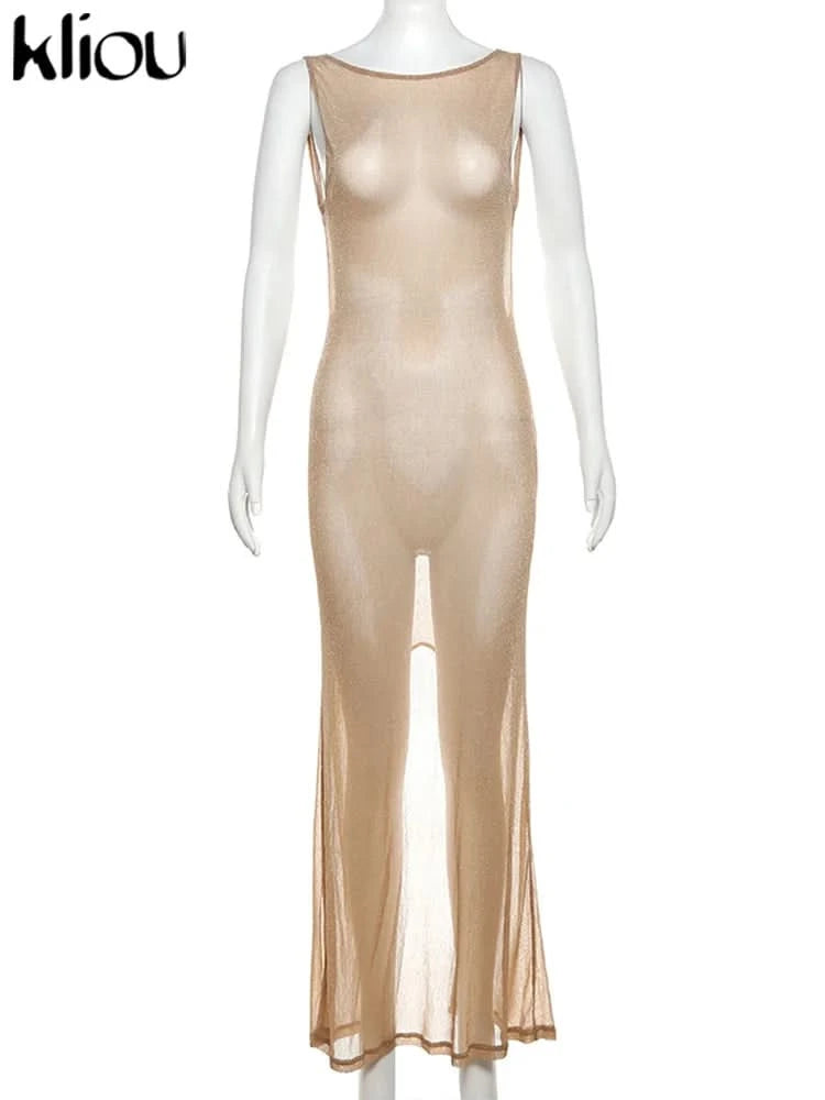 kliou Shiny Long Dress Stunning Women Solid Summer Thin Mesh Sheer Backless Sleeveless Bodycon Female Elegant Fashion Vestidos - M & M Global