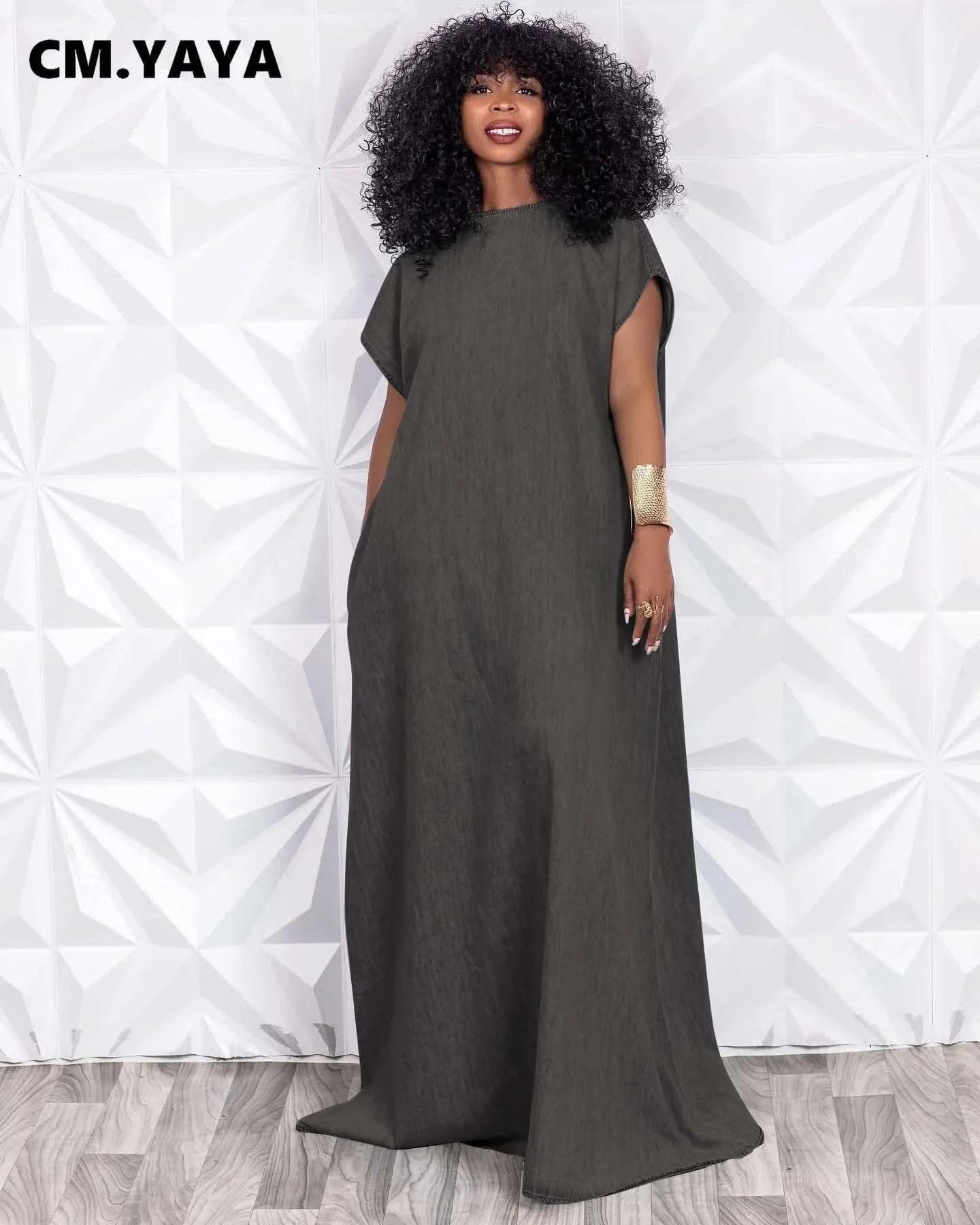 CM.YAYA Vintage Women Fashion Batwing Short Sleeve Denim V-back Loose Slim Maxi Long Dress 2023 High Street Vestido Jean Dresses - M & M Global