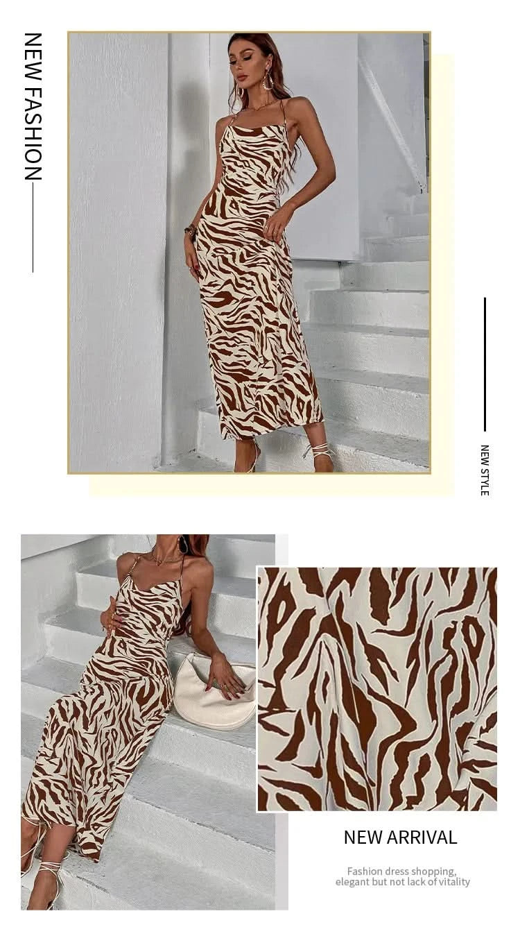 Women Sundress Summer Women Leopard Print Sexy Halter Beach Long Dress Backless Elegant Dresses Casual Resort Style Clothes - M & M Global