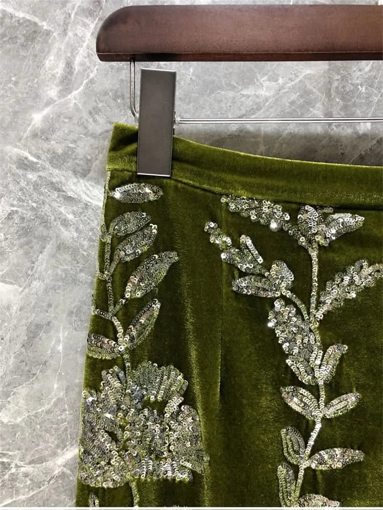 Retro Green Velvet Split Skirt Women Sequin Floral Heavy Industry High Waist A Line Long Dress Elegant Mid Length Skirt Fashion - M & M Global