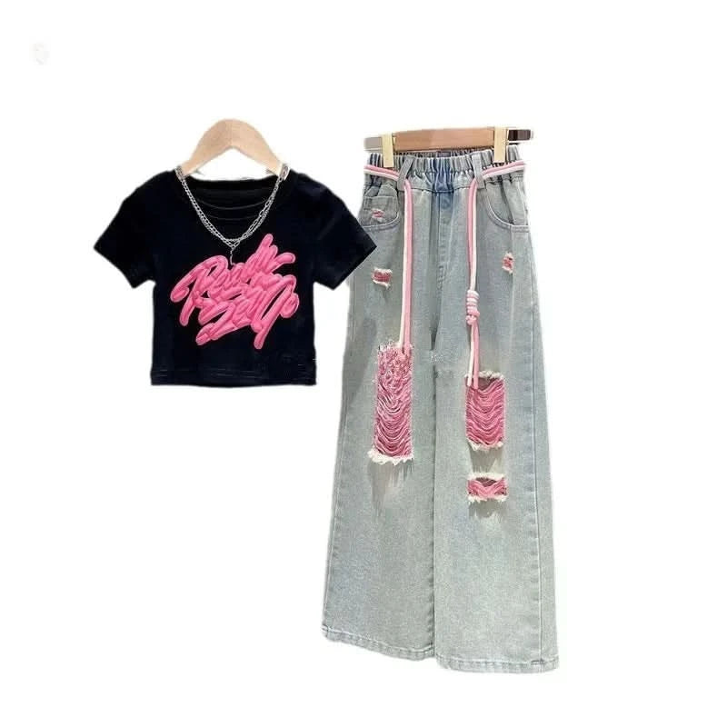Girls Summer New Short-Sleeved T-Shirt Jeans Big Boy Colorful Denim Ripped Pants Suit Children's Top Foreign Wide-Legged Pants - M & M Global