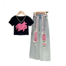 Girls Summer New Short-Sleeved T-Shirt Jeans Big Boy Colorful Denim Ripped Pants Suit Children's Top Foreign Wide-Legged Pants - M & M Global