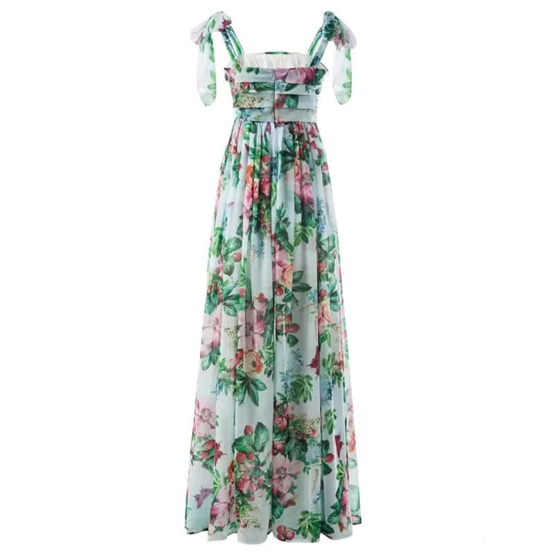 Sexy Summer Party Dress Women Fashion Bow Straps High Waist Pleated Beach Dress Chiffon Casual Floral Print Bohemian Long Dress - M & M Global
