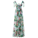 Sexy Summer Party Dress Women Fashion Bow Straps High Waist Pleated Beach Dress Chiffon Casual Floral Print Bohemian Long Dress - M & M Global