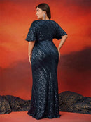 Plus Size Elegant V-Neck Sequins Evening Dresses Women Short Sleeve Luxury Wedding Party Floor Lenght Cocktail Gowns