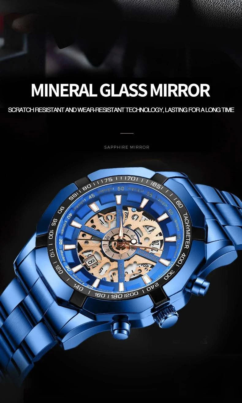 BINBOND Mens Quartz Watches Top Brand Luxury Stainless Steel Waterproof Hollow Out Blue Big Male Wristwatches Relogio Masculino - M & M Global