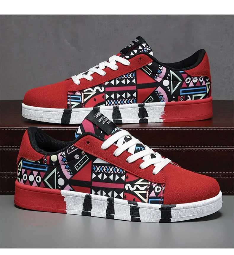 YRZL Men's Sports Running Shoes Canvas Geometric Style Lace-Up Sneakers Couples' Fashionable Graffiti Print Skate Shoes Men - M & M Global