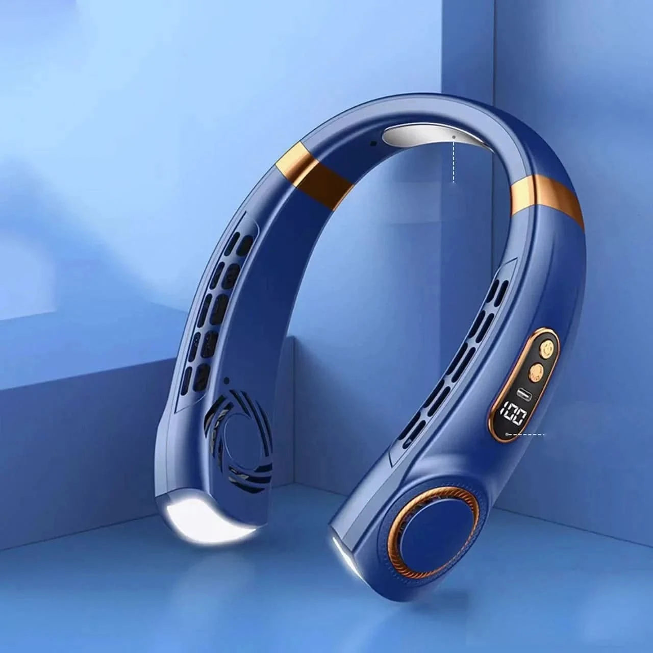 Blue neckband with gold accents on a blue background