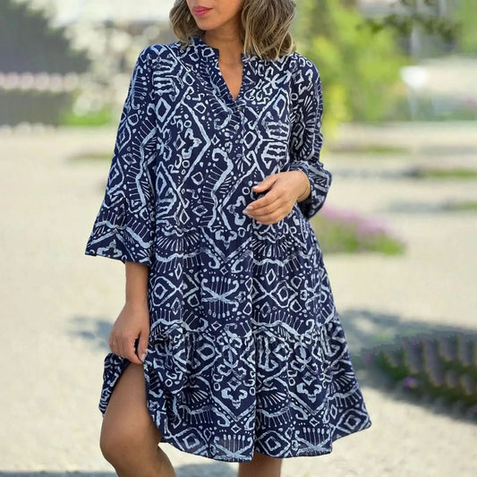 Women Floral Print Maxi Dress Fashion Casual V Neck Long Dress Plus Size Summer Boho Dress Ruffle Three Quarter Sleeves Dresses - M & M Global
