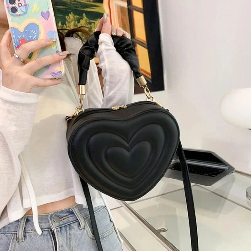 Luxury Quilted Handle Women PU Leather Shoulder Bag Fashion Heart Solid Color Crossbody Bag - M & M Global