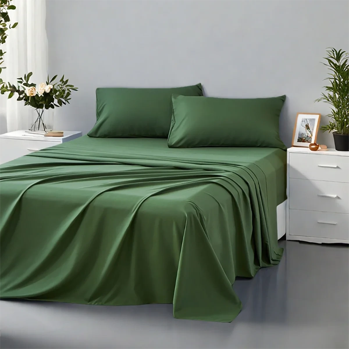 Green bed sheet set on a bed in a bedroom with plants and decor.
Queen size bedding set

4-piece microfiber bed set

Solid color comforter set

All-season bedding set

Lightweight comforter

Ultra-soft bed sheets

Minimalist bedding set

High thread count sheets

Fade-resistant microfiber bedding

Modern home bedding set