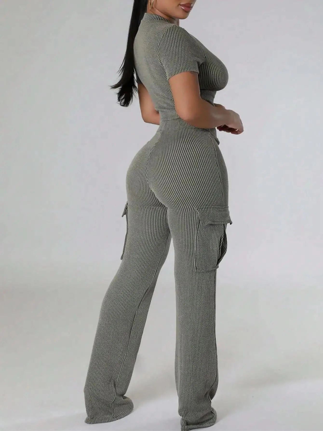 Women's Ribbed Knit Two-Piece Tracksuit - Short Sleeve Crop Top & High-Waisted Wide Leg Pants (Crewneck/Elastic Waist)