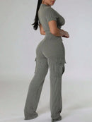 Women's Ribbed Knit Two-Piece Tracksuit - Short Sleeve Crop Top & High-Waisted Wide Leg Pants (Crewneck/Elastic Waist)