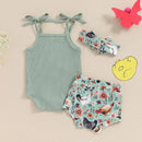 Toddler Girl 3 Piece Summer Set Floral Print Sleeveless Romper with Ruffle Trim Denim Shorts Bow Headband Outfit - M & M Global